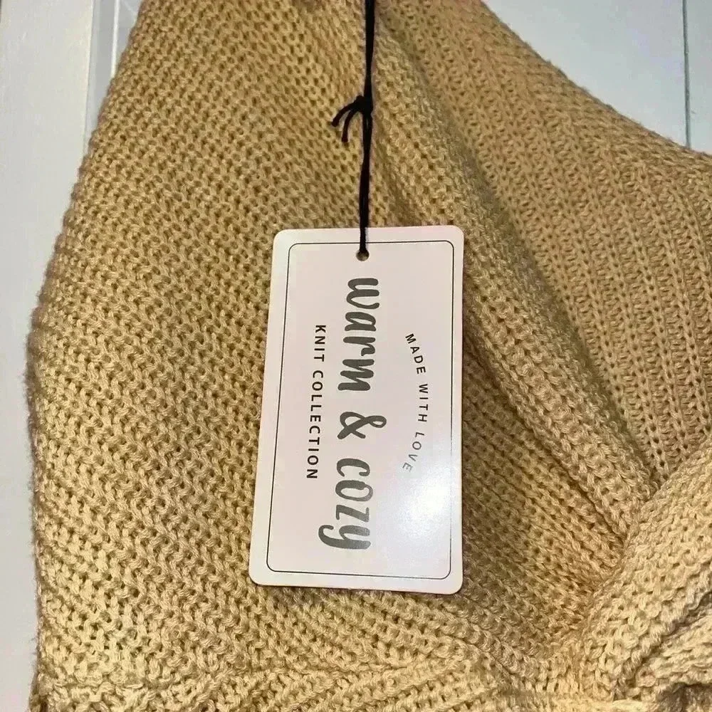 Warm & Cozy Beige V-Neck‎ Chunky Knit Oversized Sweater Twist Knot, Crop